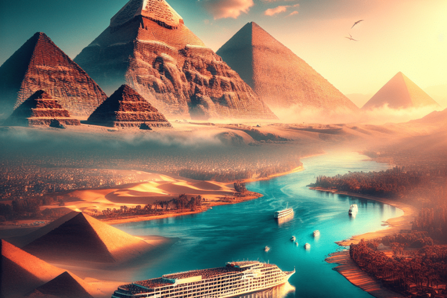 Great Pyramids of Giza at sunset during the 14 Days Egypt New Year Vacation with Hurghada
